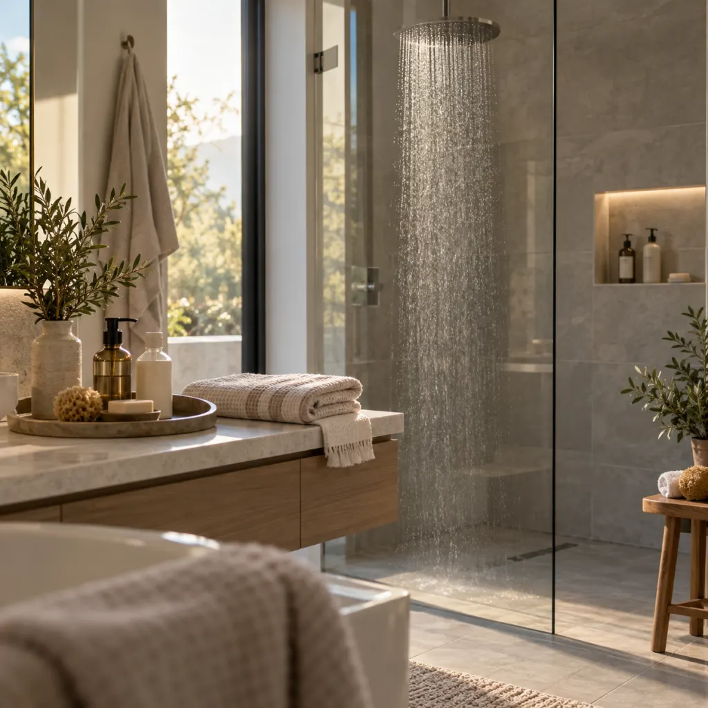 A calm bathroom shower scene with towels and bath items arranged neatly.