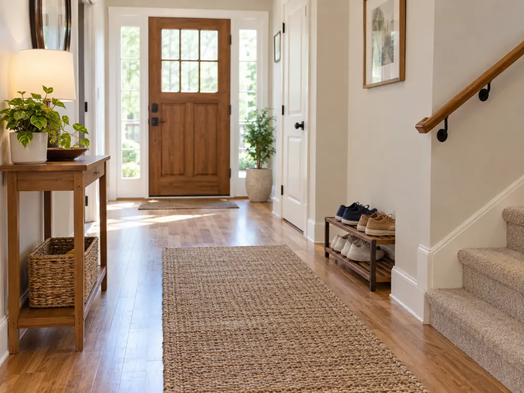 A clear, well-lit hallway arranged to support safer movement at home.