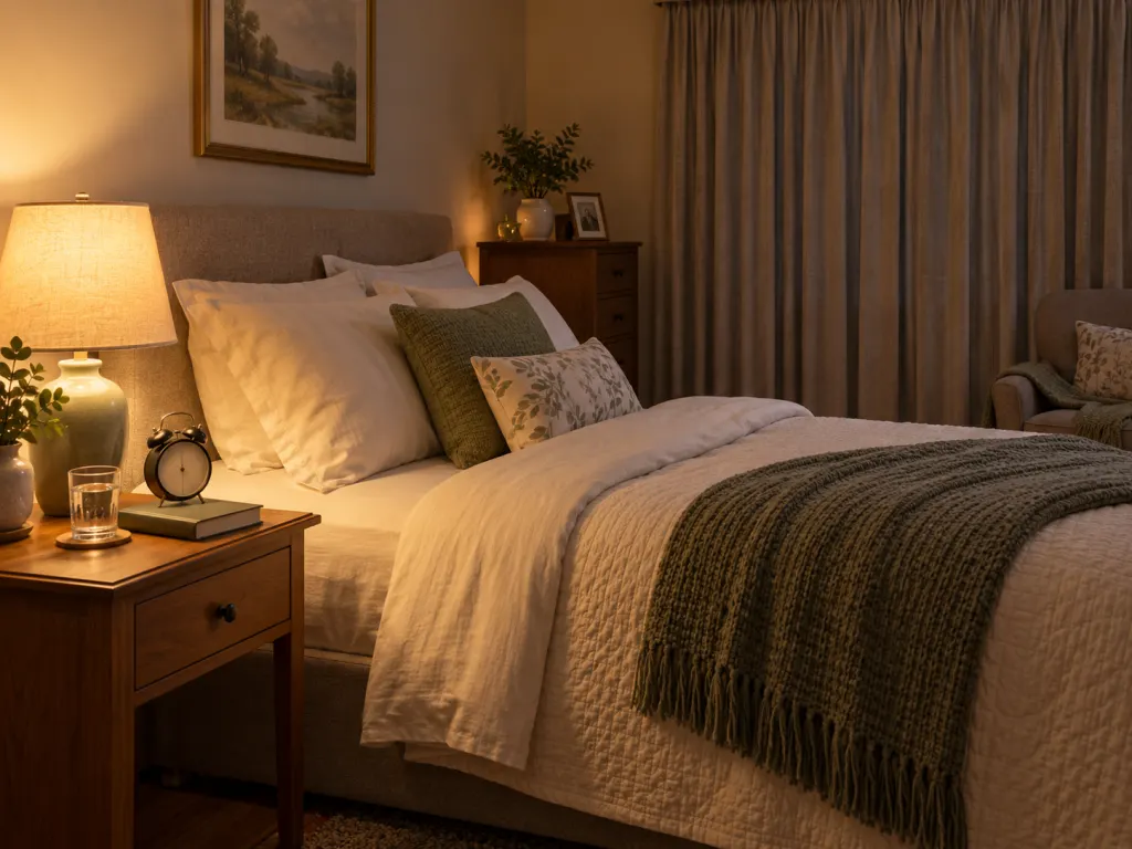 A quiet bedroom set up for a calm evening sleep routine.