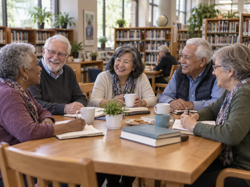 Older adults gathered for a relaxed community activity in a bright library setting.