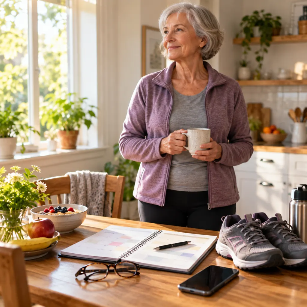 An older adult planning the day at a kitchen table with everyday items for healthy routines.