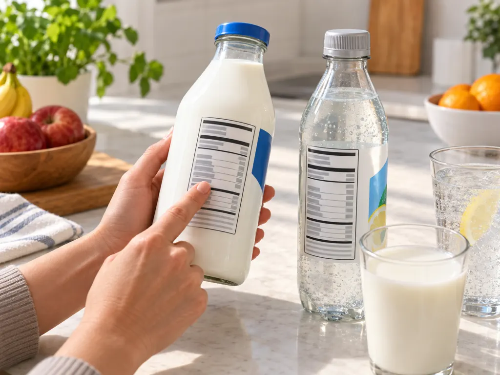 A person compares drink labels near milk and sparkling water in a bright kitchen.