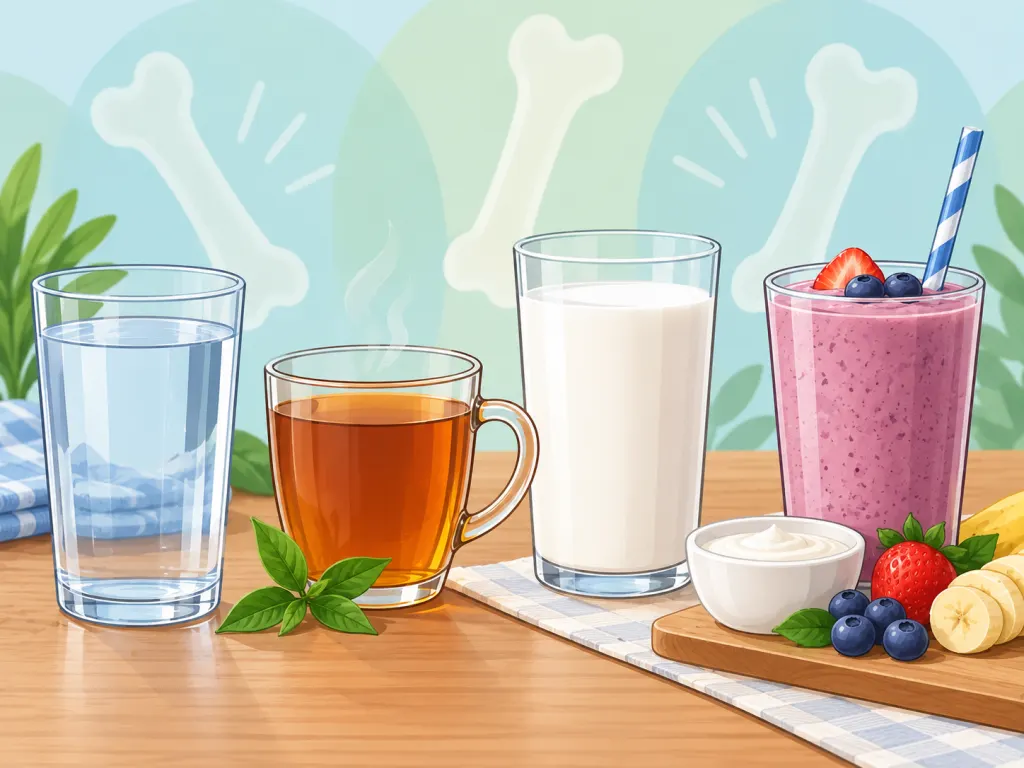 An educational illustration of water, tea, fortified milk, and a smoothie as bone-aware drink choices.