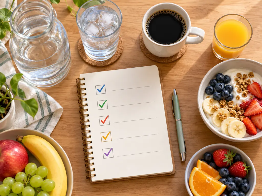 A blank drink-tracking notepad sits beside water, coffee, juice, fruit, and yogurt.