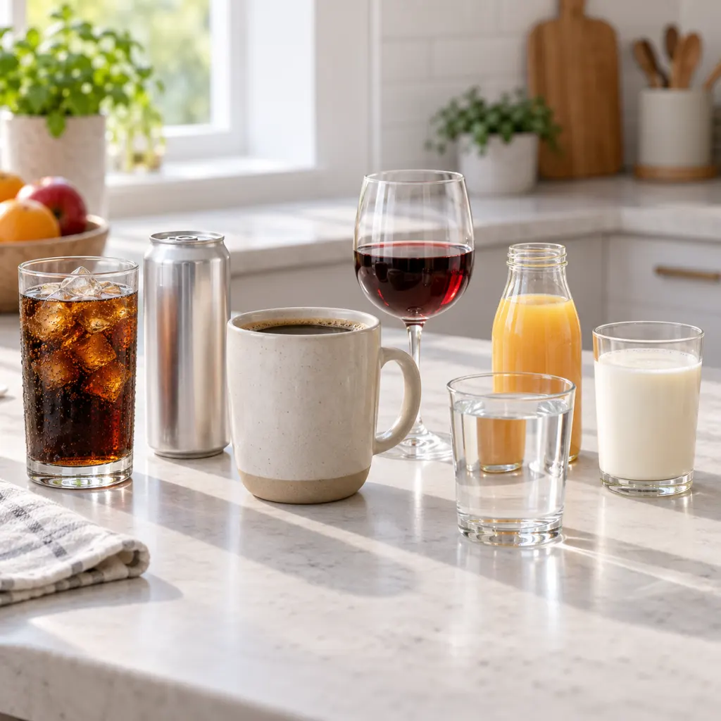 Five everyday drinks arranged beside water and fortified milk on a kitchen counter.