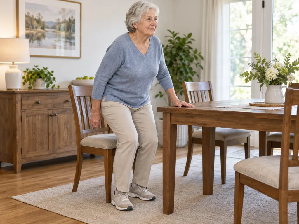 An older adult stands from a chair in a clear, well-lit room.