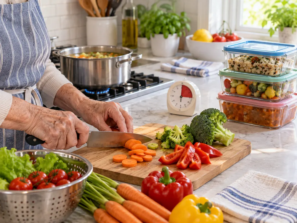 Hands prepare a simple meal with organized food safety tools nearby.