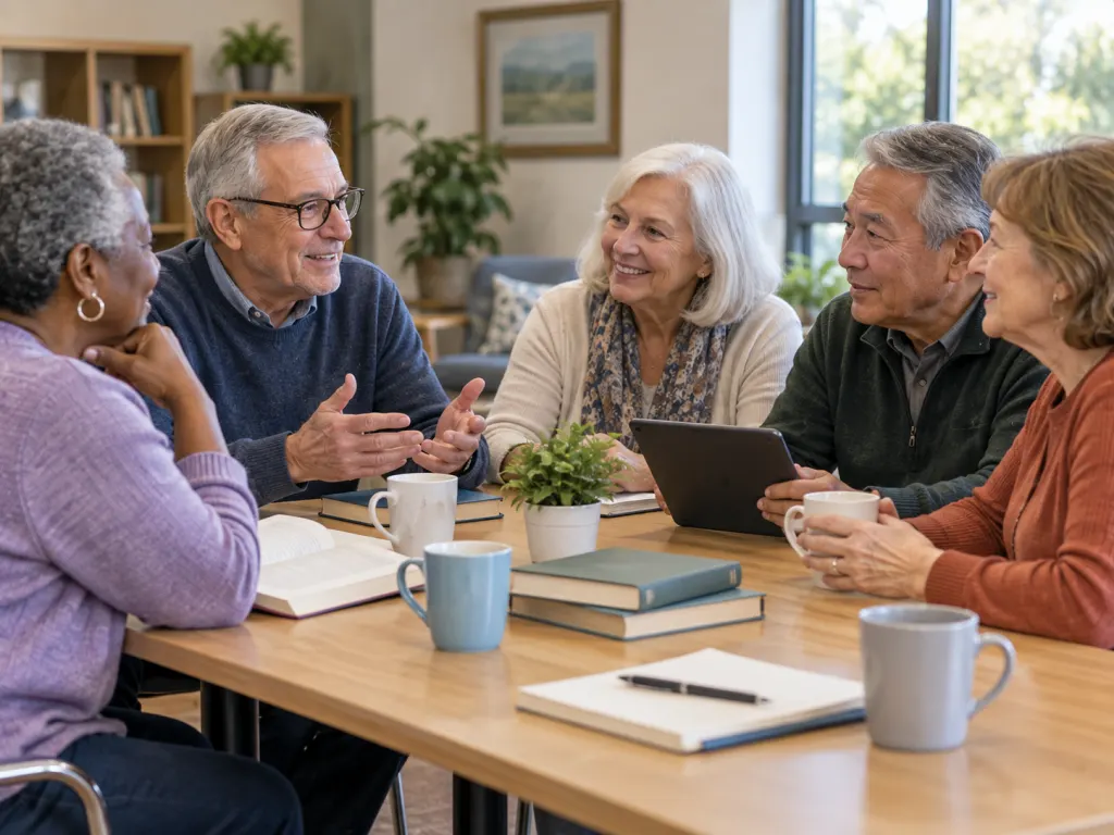 Older adults talk and learn together around a community table.