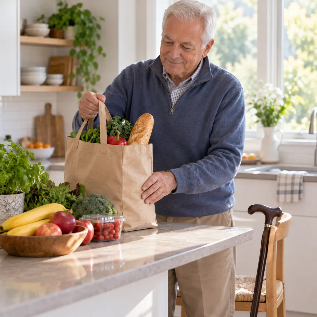 An older adult in a bright kitchen with groceries, suggesting everyday independence.