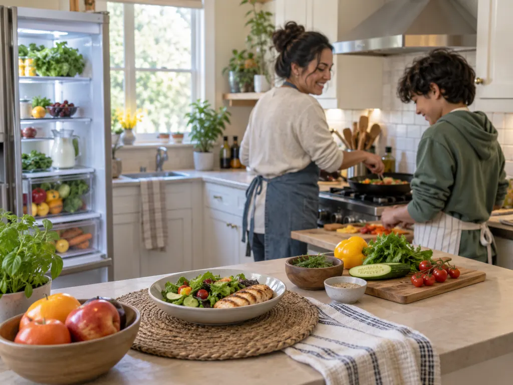 A family pair prepares a simple meal in a bright kitchen with fresh food visible.