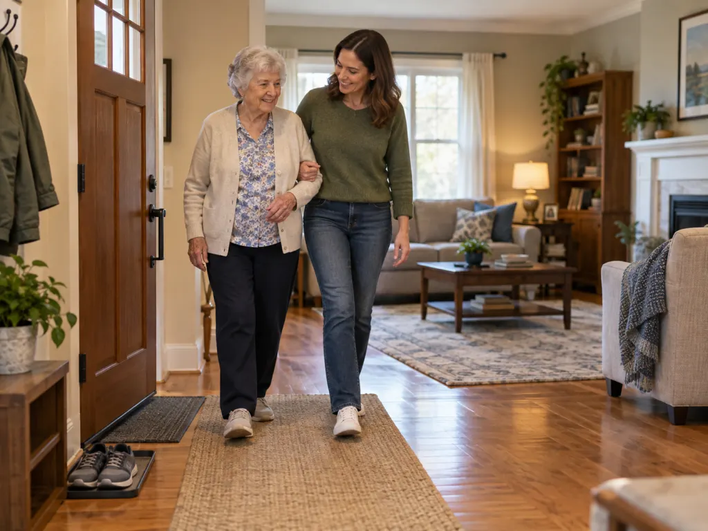 A clear, well-lit living room path with an older adult walking beside a younger relative.