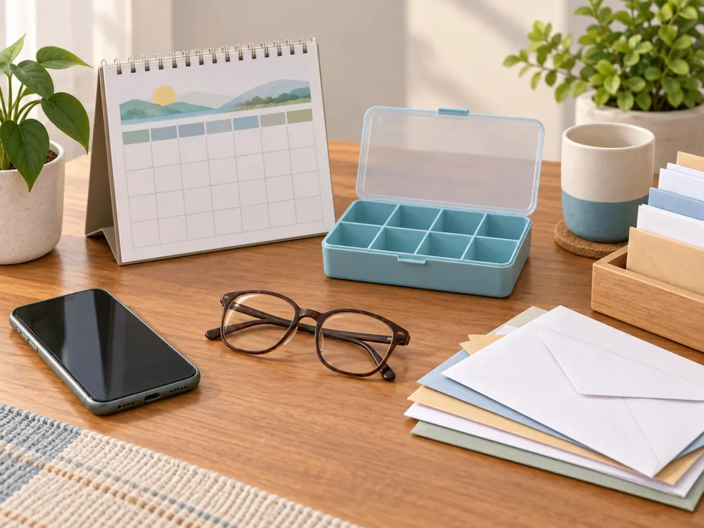An illustrated table with a calendar, phone, glasses, and sorted mail arranged as memory support tools.