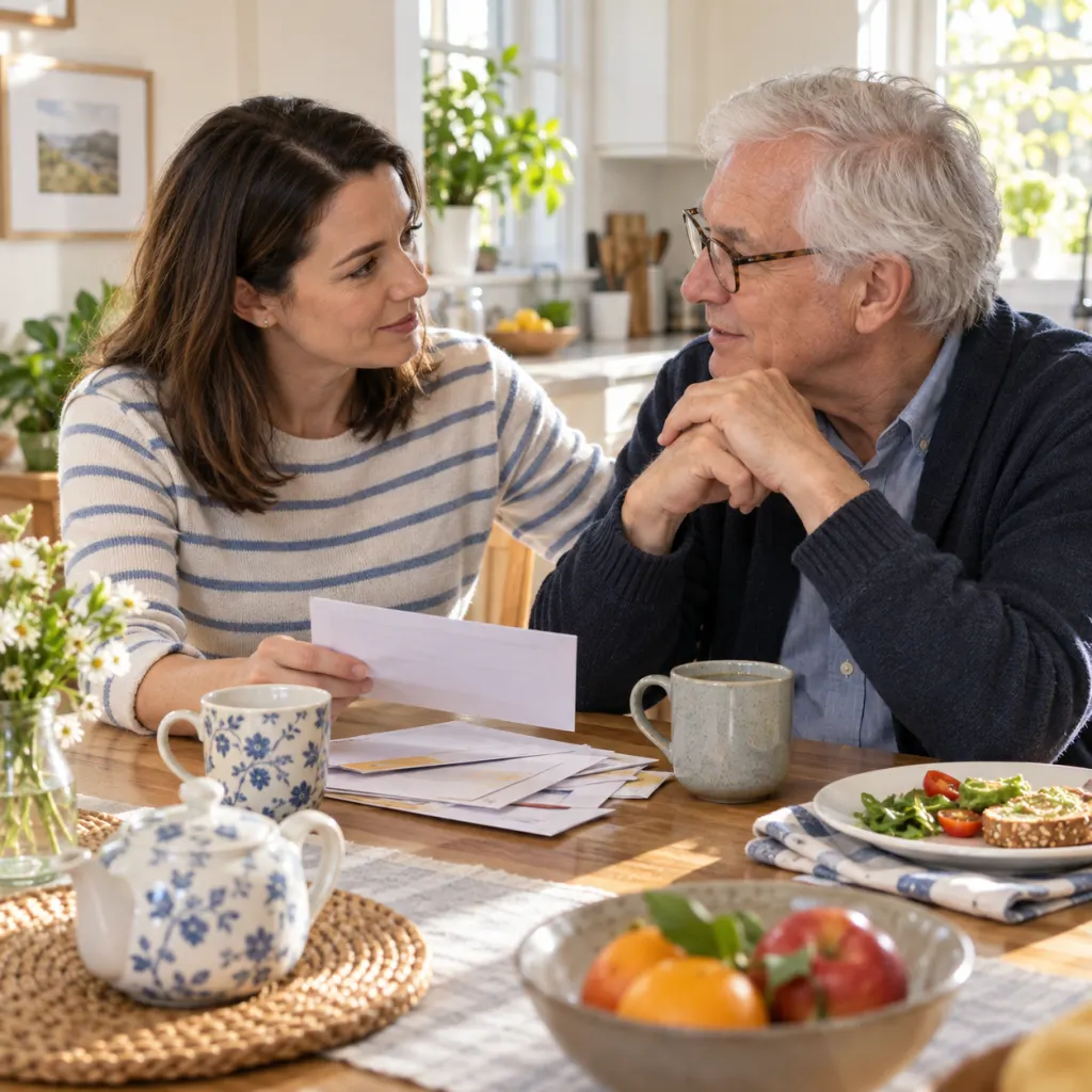 An adult child talks gently with an older parent at a kitchen table with tea, mail, and a simple meal.