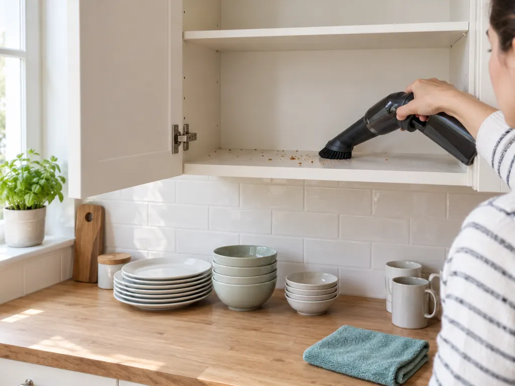 An open cupboard being cleaned with shelves emptied and crumbs removed