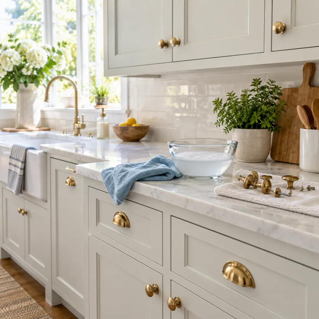 Clean kitchen cupboards with a cloth and mild soapy water ready for gentle cleaning