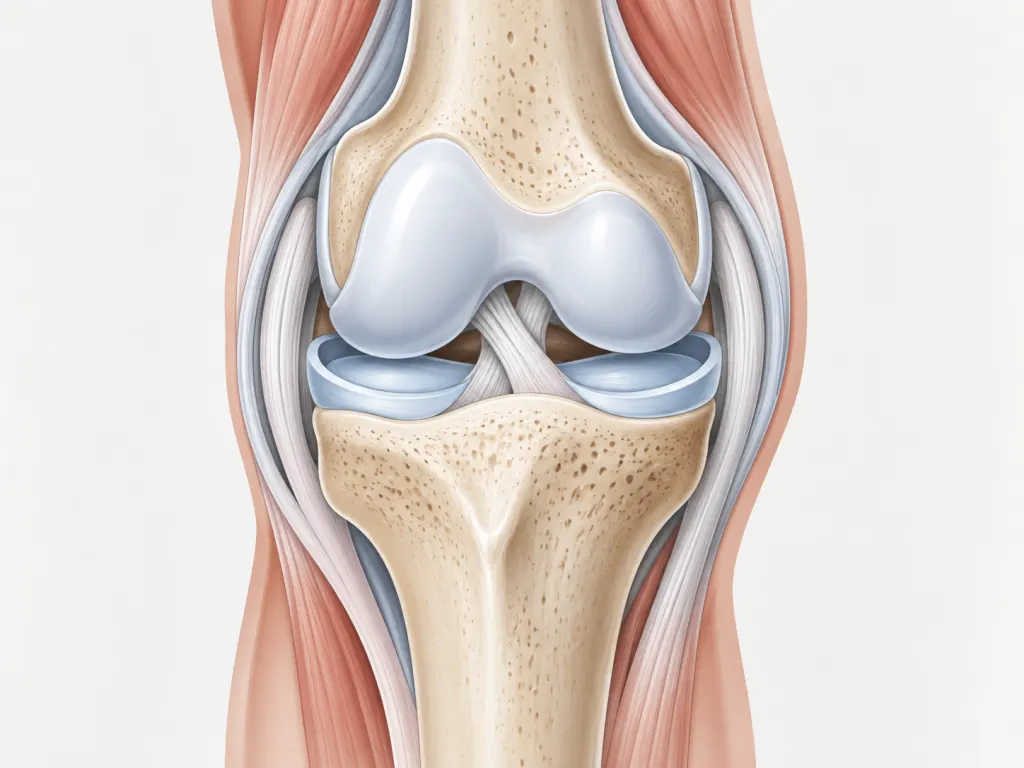A calm illustrated cutaway of a knee joint showing cartilage and surrounding tissues.