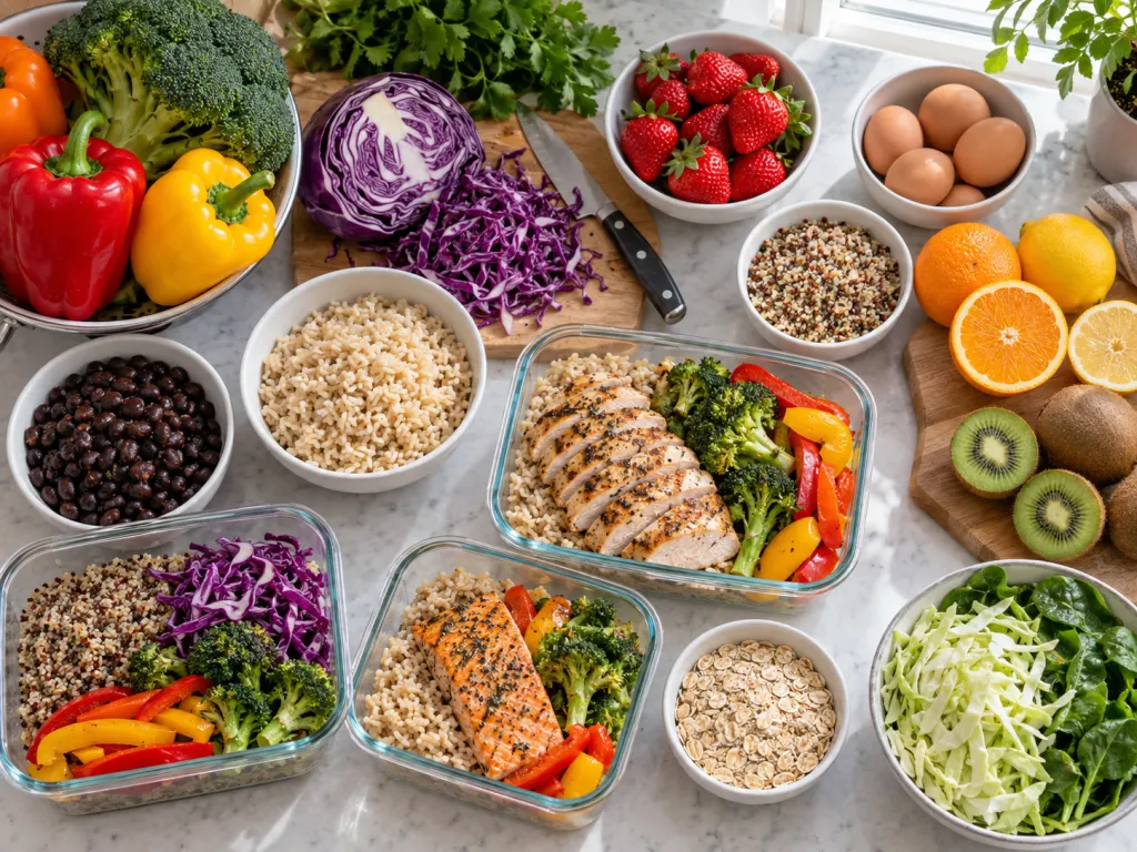 Colorful produce, protein foods, and whole grains arranged for meal preparation.