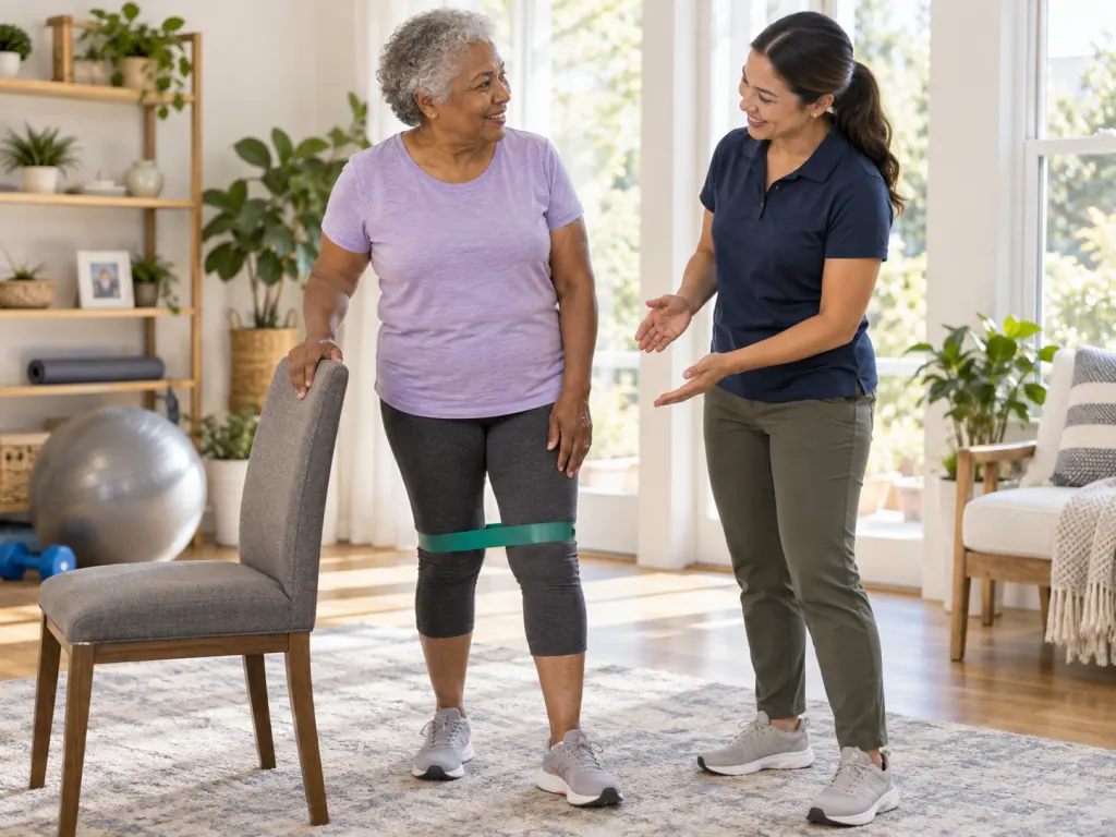 An older adult discussing gentle movement with a professional in a bright home space.