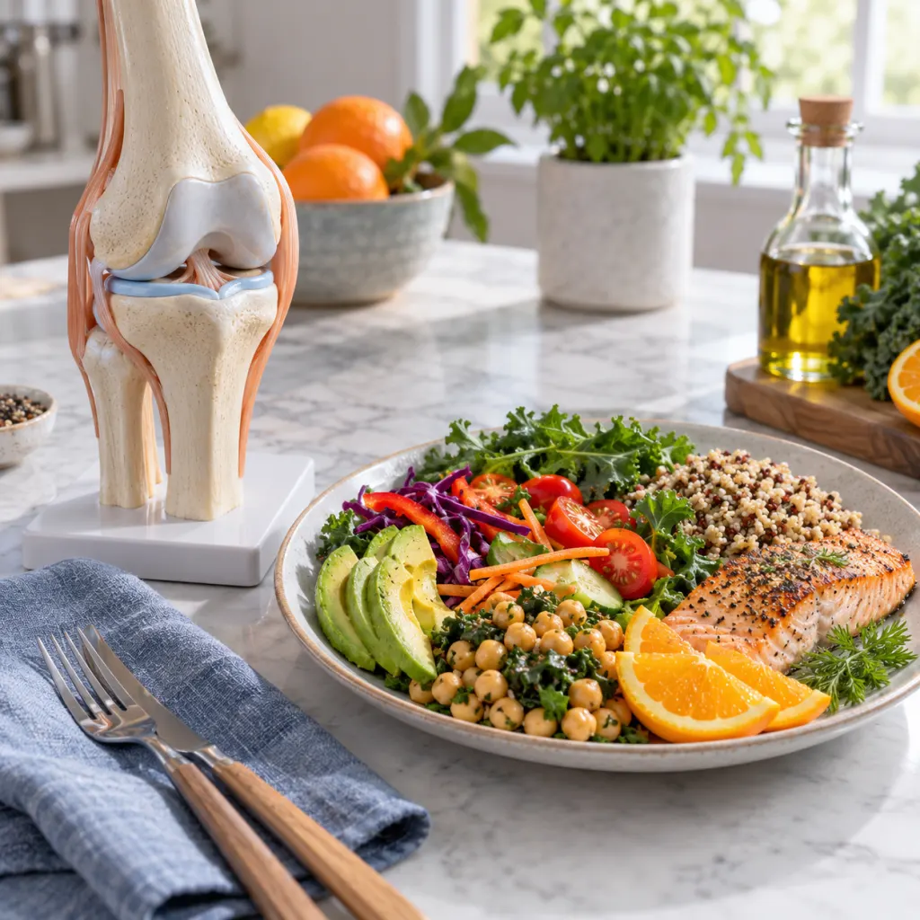 A balanced plate of food beside a simple knee joint model on a kitchen table.