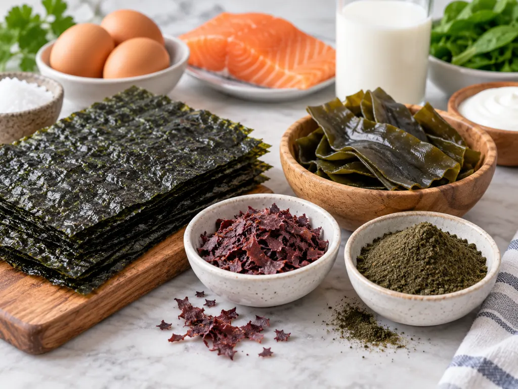 Small portions of seaweed ingredients arranged as concentrated iodine sources.