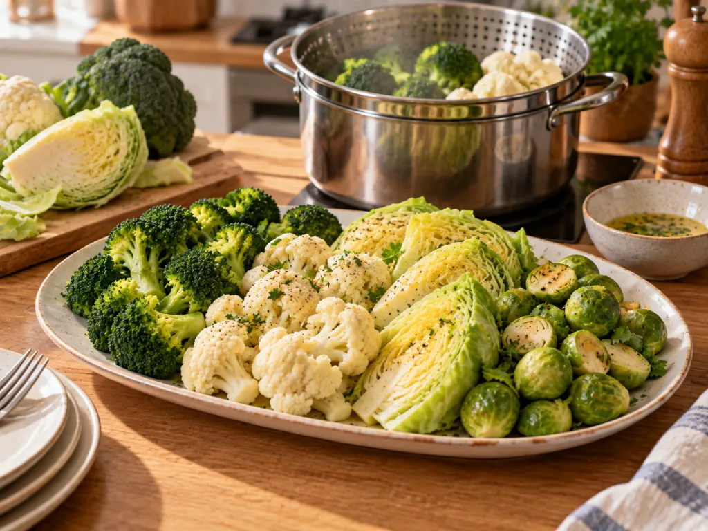 Cooked cruciferous vegetables served as part of a normal meal.
