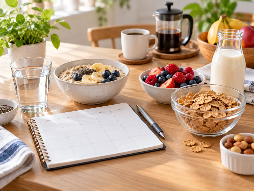 A morning kitchen setup showing thyroid tablet timing concepts with breakfast foods and coffee separated.