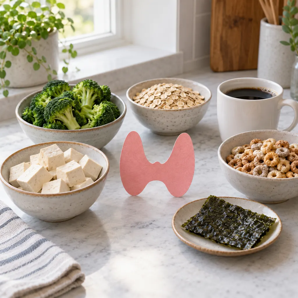 A balanced kitchen still life showing foods discussed in a thyroid health guide.