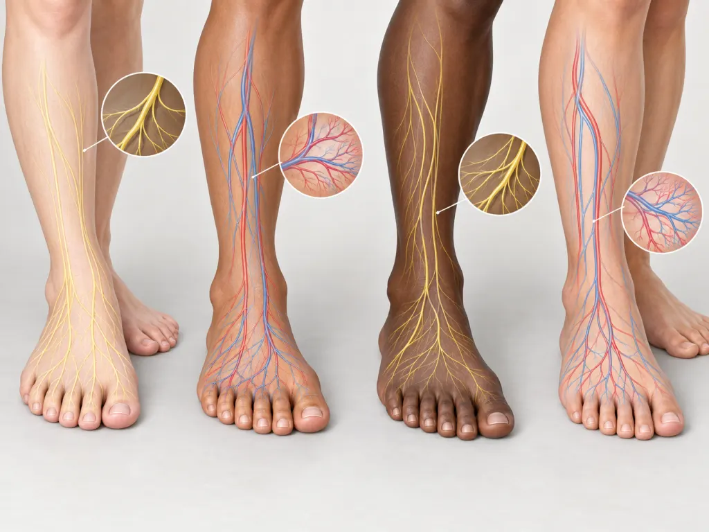 Educational illustration of feet with subtle nerve and blood vessel cues.
