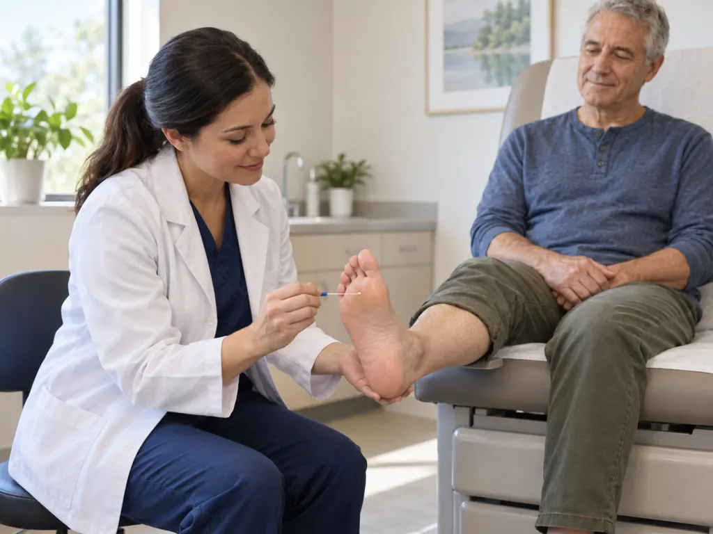 A clinician gently checks foot sensation during a routine foot exam.