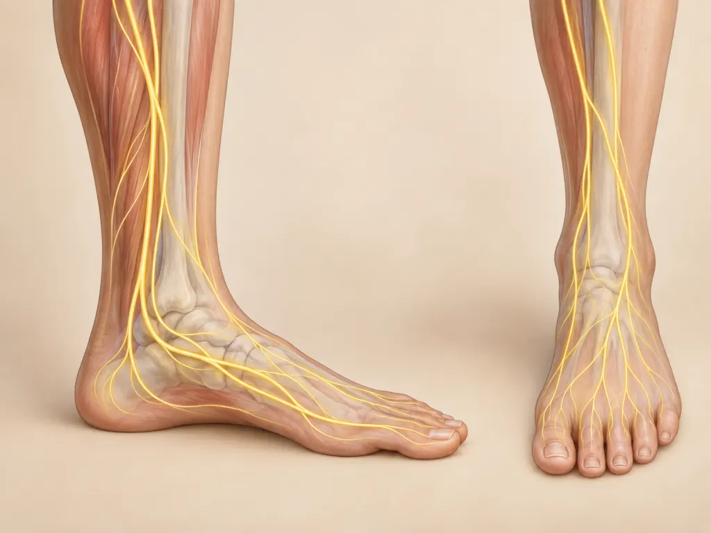 An educational illustration of a foot with subtle nerve pathways highlighted.