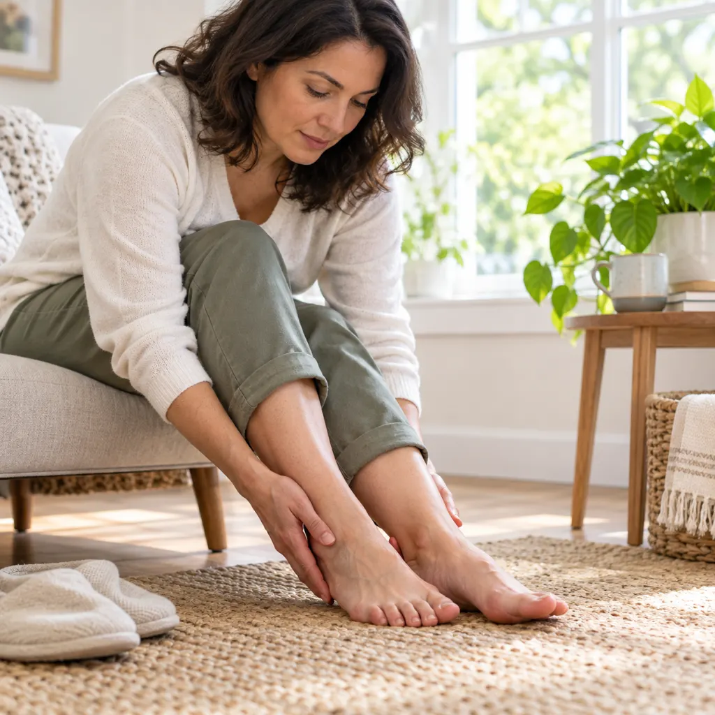 A person seated by a window calmly checking both feet.