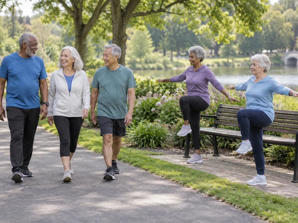 Older adults walking and practicing balance exercises in a park.