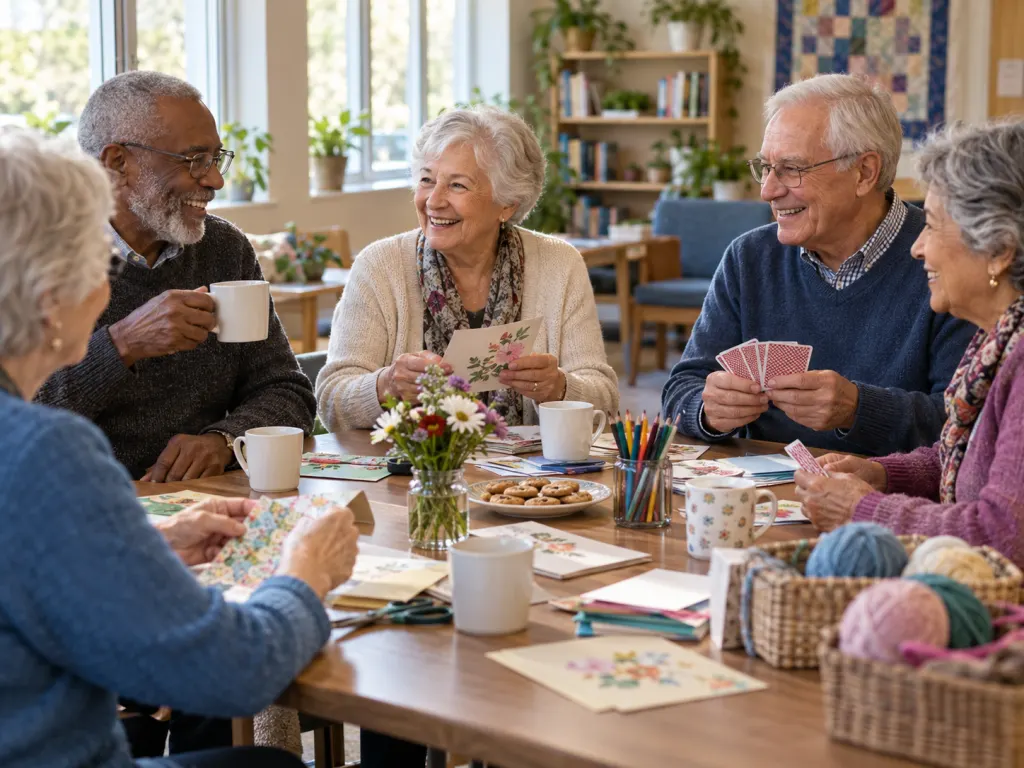 Older adults talking together at a community table with coffee and activities.