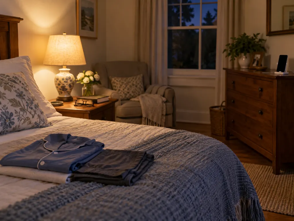 A calm bedroom setup with a book, lamp, glasses, and clothes prepared for morning.