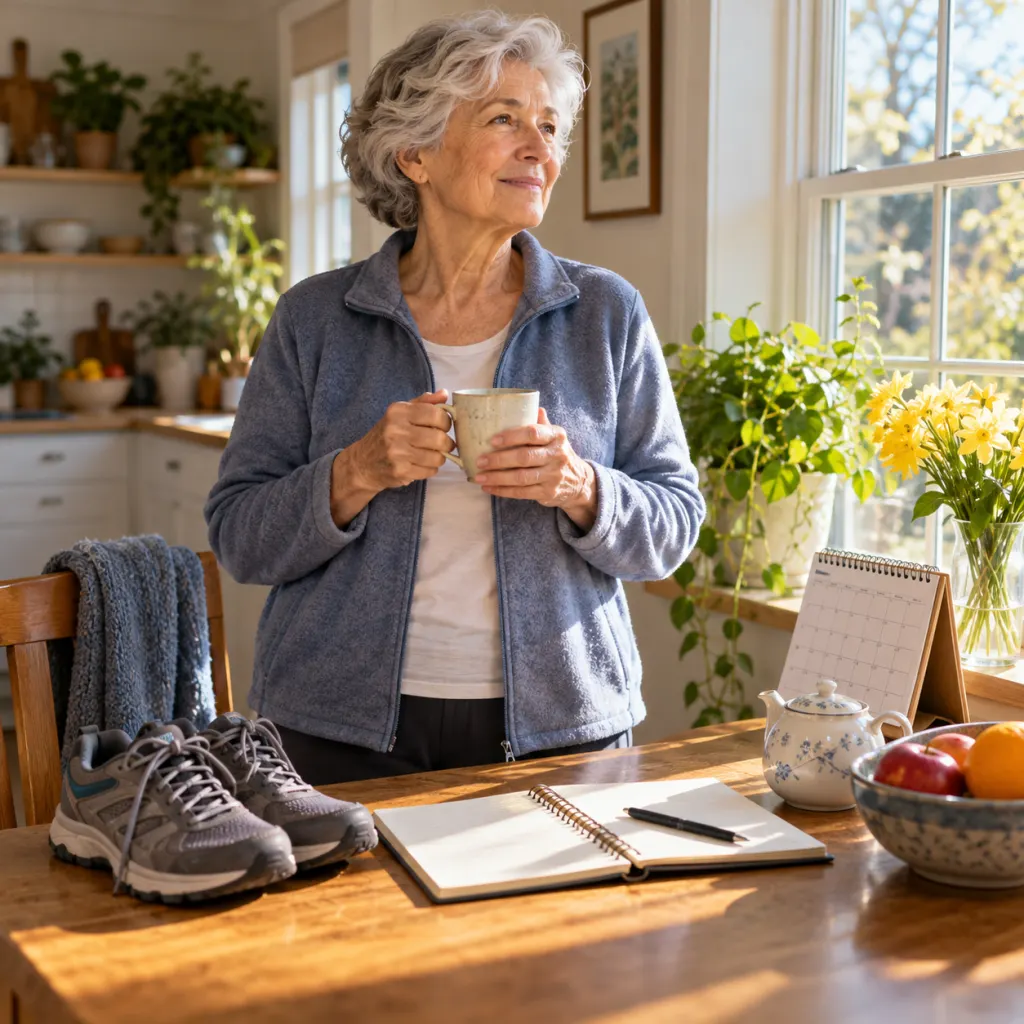 An older adult in a bright kitchen with walking shoes, a notebook, tea, and a calendar.