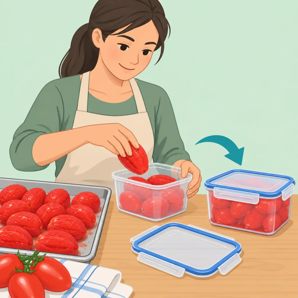 Illustration of tomatoes being packed into freezer-safe containers for freezing.