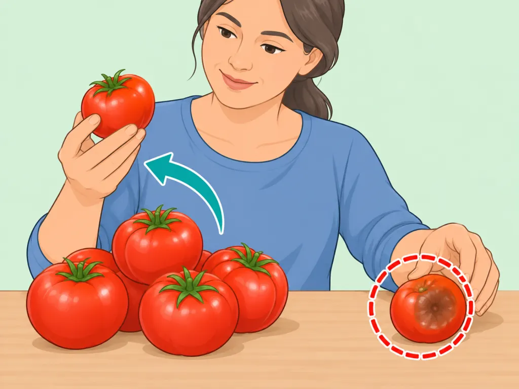 Person choosing firm ripe tomatoes and setting aside a damaged one.