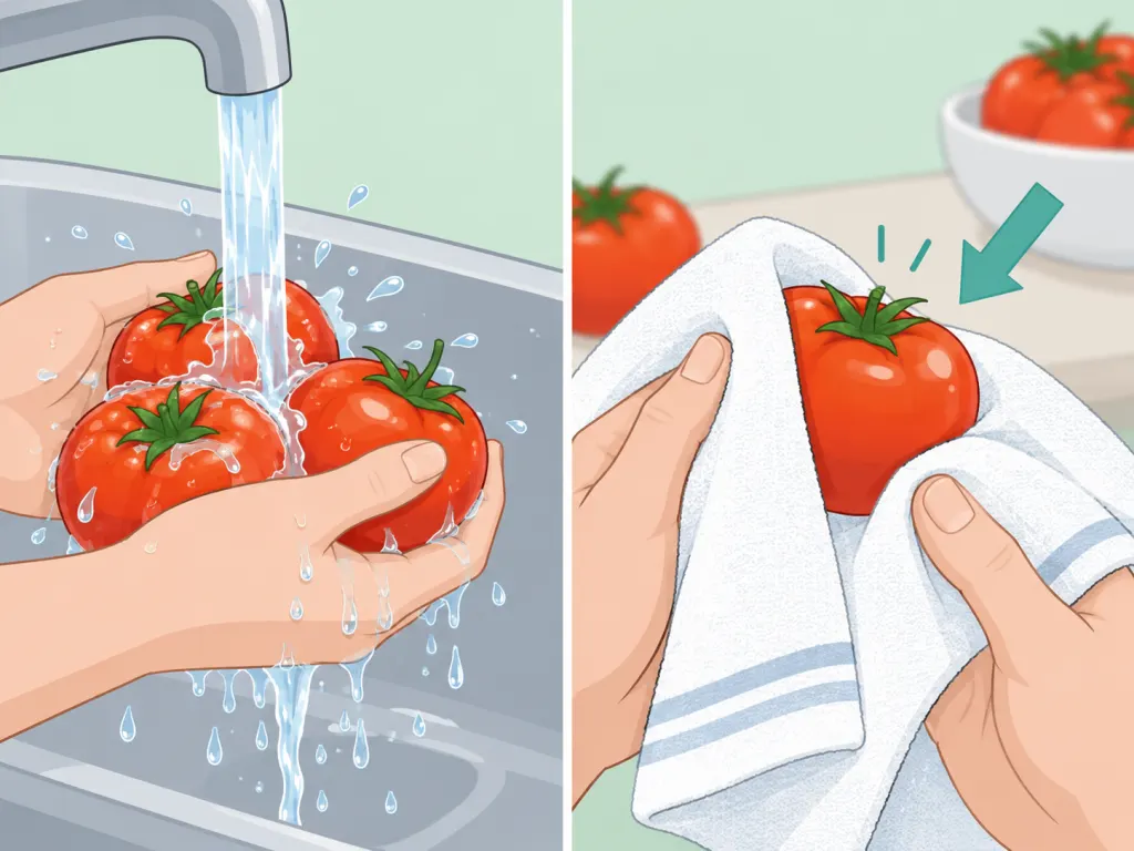 Hands washing and drying fresh tomatoes before freezing.
