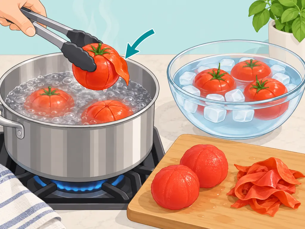Tomatoes dipped in boiling water to loosen their skins.