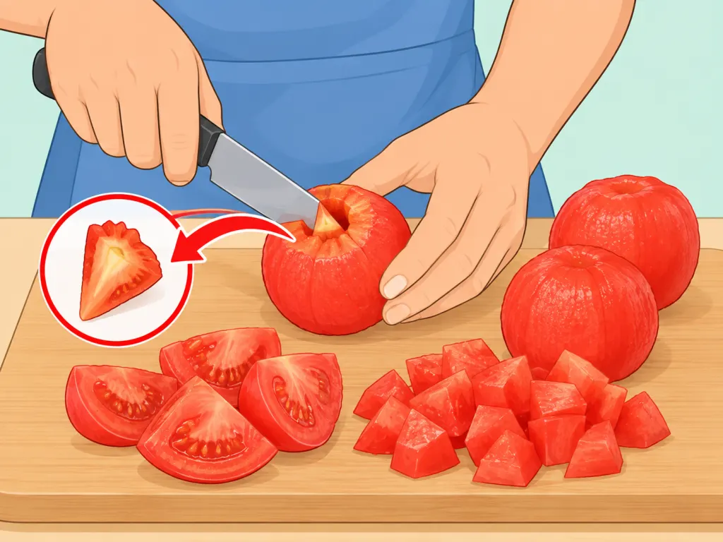 Hands coring and cutting peeled tomatoes for freezing.