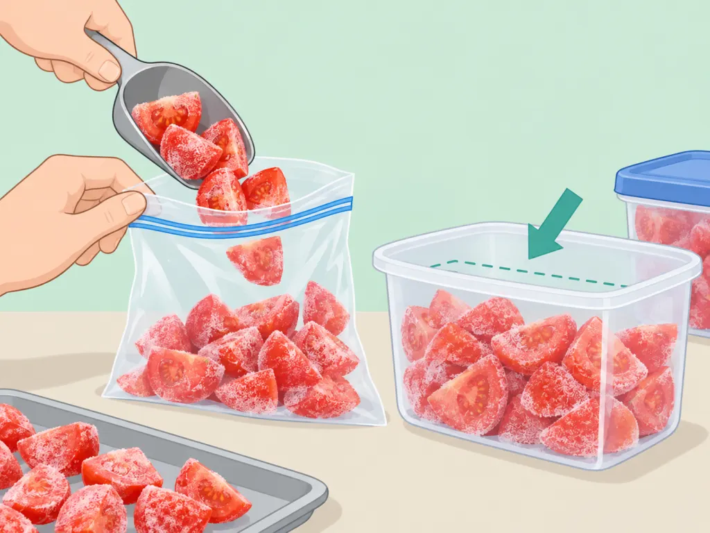 Tomatoes packed in freezer-safe bags and containers with room for expansion.