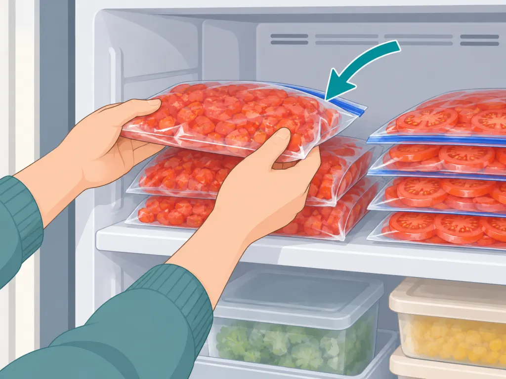 Sealed packages of tomatoes being placed neatly in a freezer.