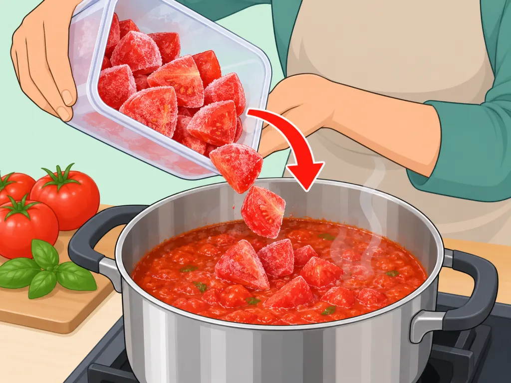 Frozen tomatoes added directly to a pot for cooking.
