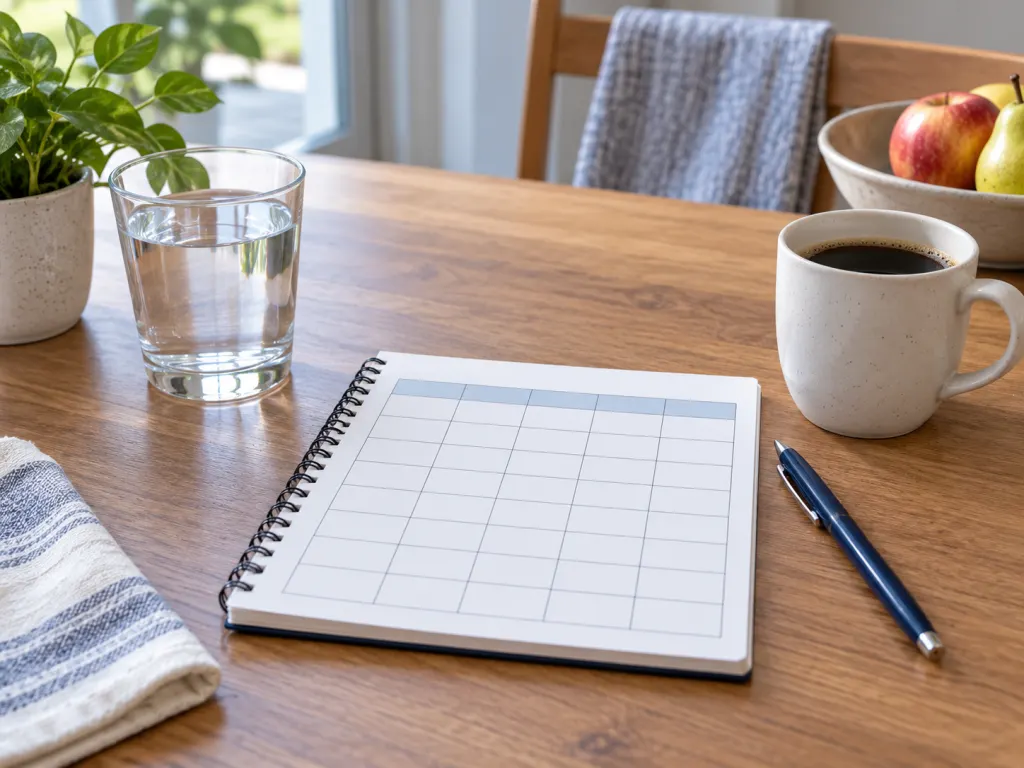 A blank tracking sheet with a pen, water glass, and coffee cup on a table.