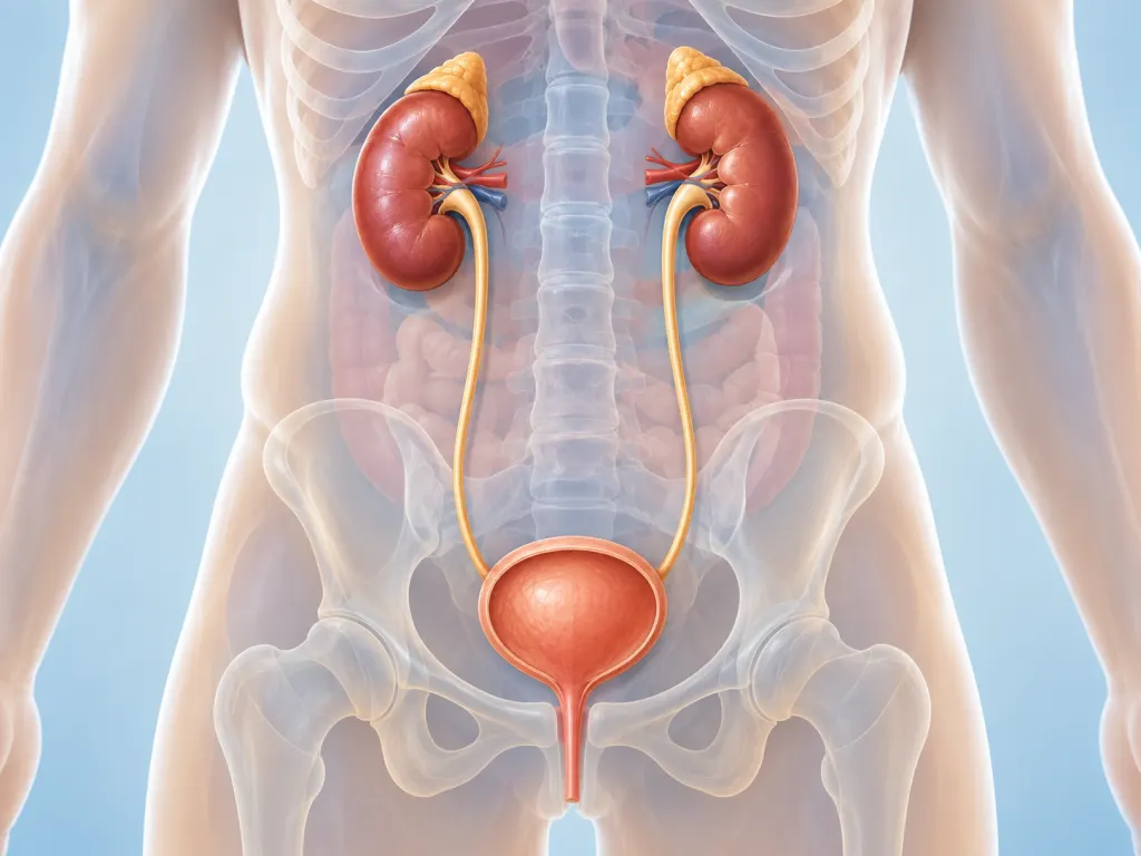 A calm simplified illustration of the kidneys, ureters, and bladder.