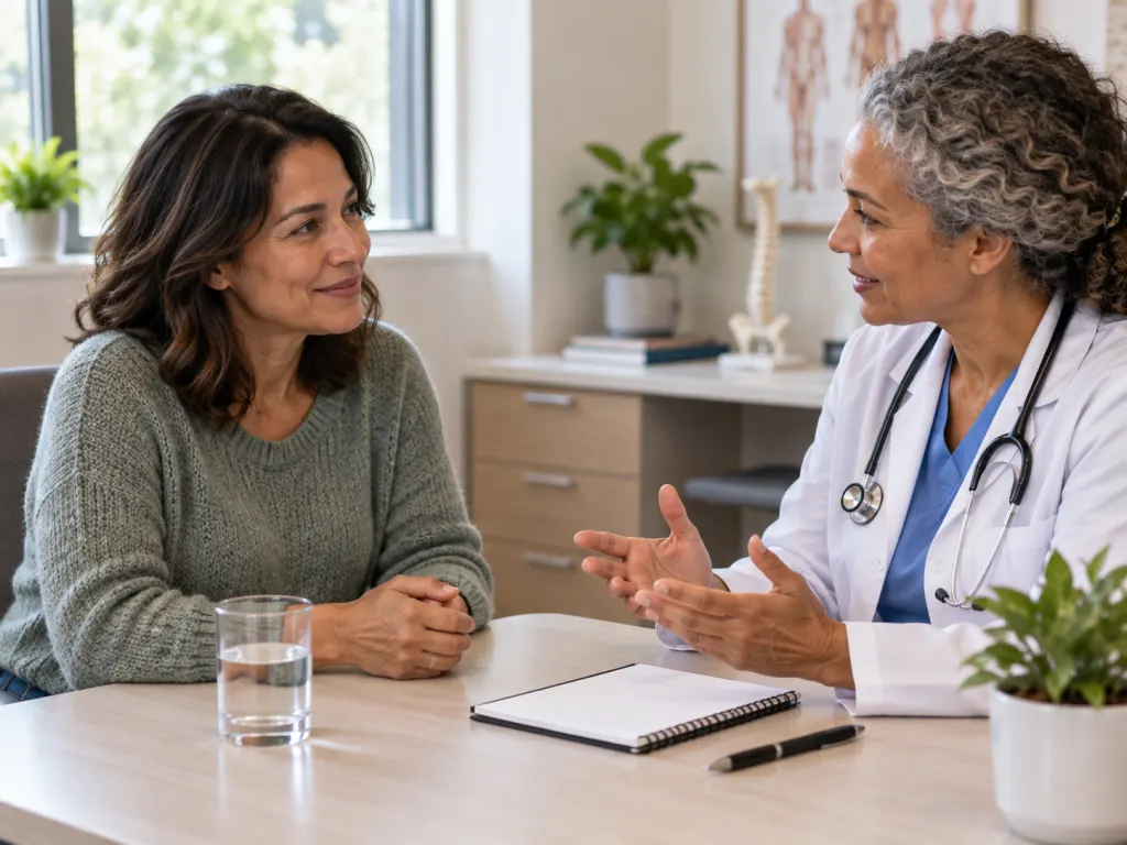 An adult talks with a healthcare professional in a calm consultation room.