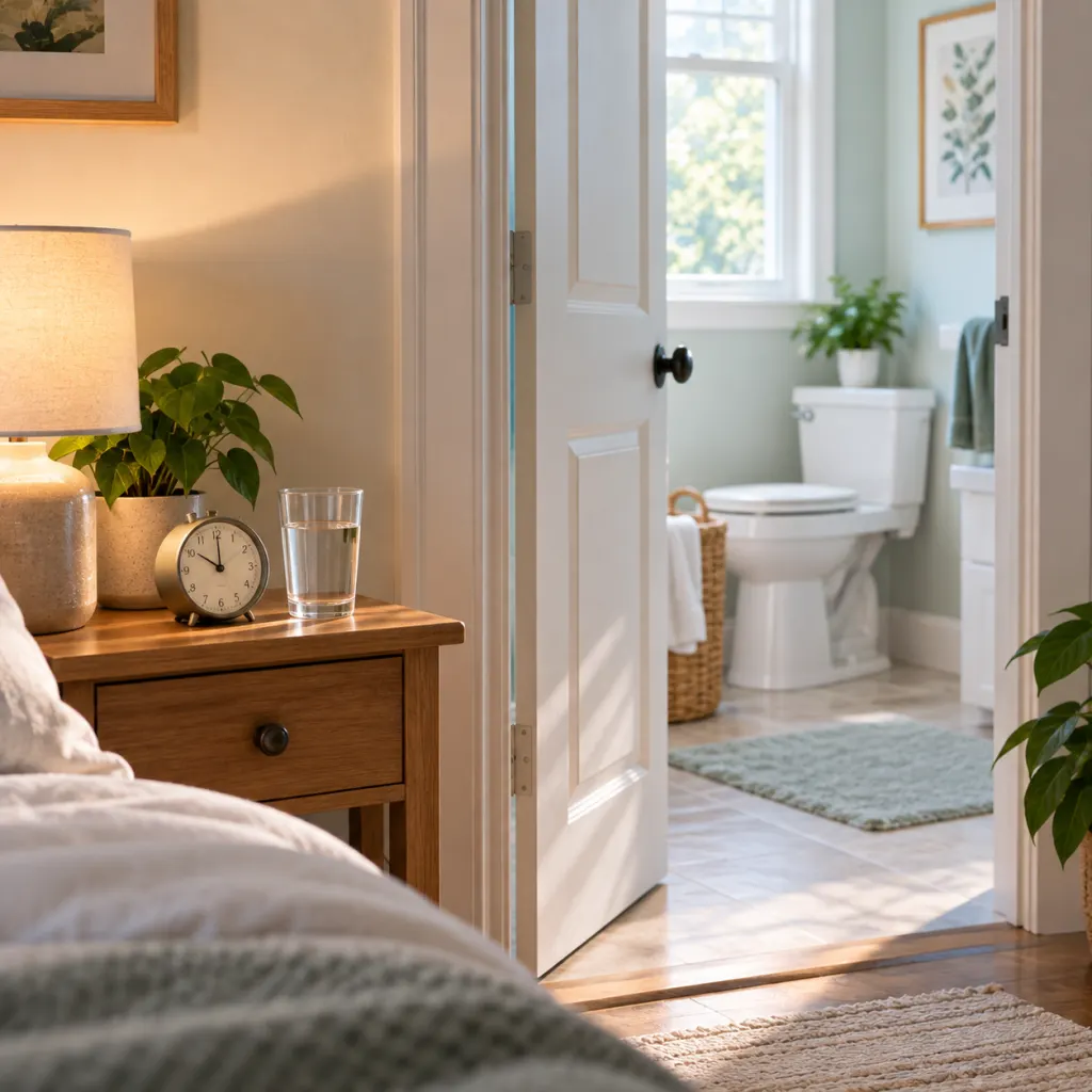 A quiet bathroom doorway beside a nightstand with a clock and glass of water.