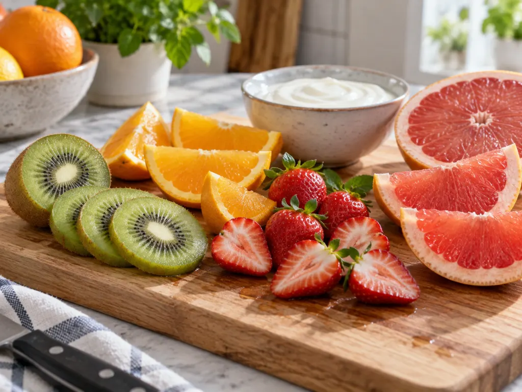 Vitamin C-rich fruits sliced on a board beside a bowl of yogurt.