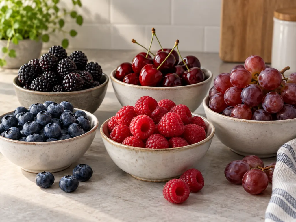 Small bowls of dark berries, cherries, and red grapes arranged by color.