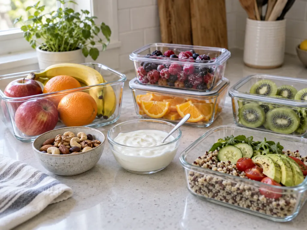 Meal-prep containers with fruit, yogurt, nuts, and a simple grain bowl on a kitchen counter.